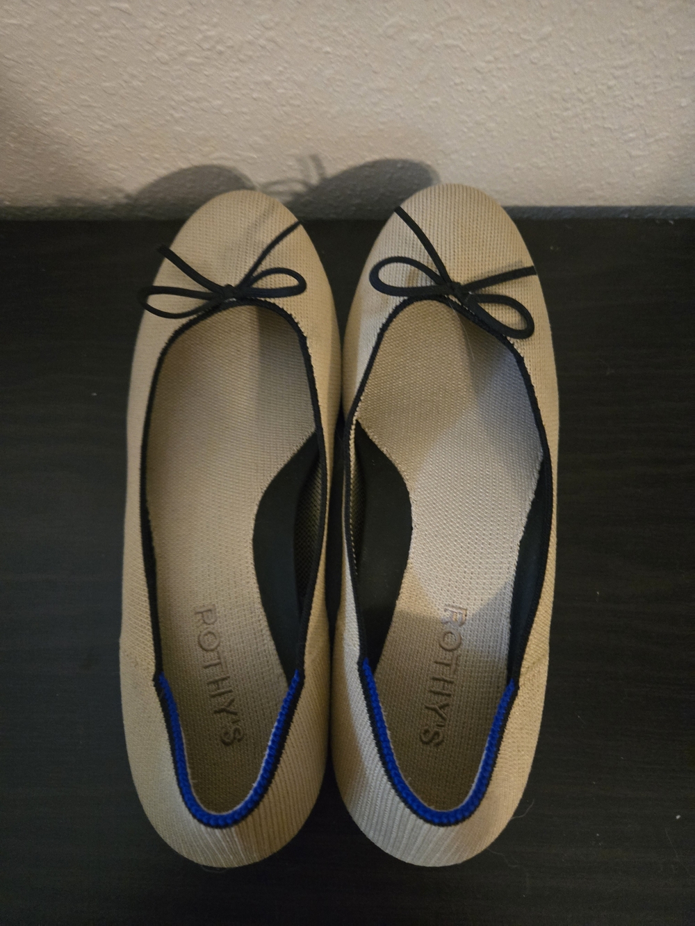Rothy’s The Ballet Flat Beige Tan Black Bow Knit Flats 8.5